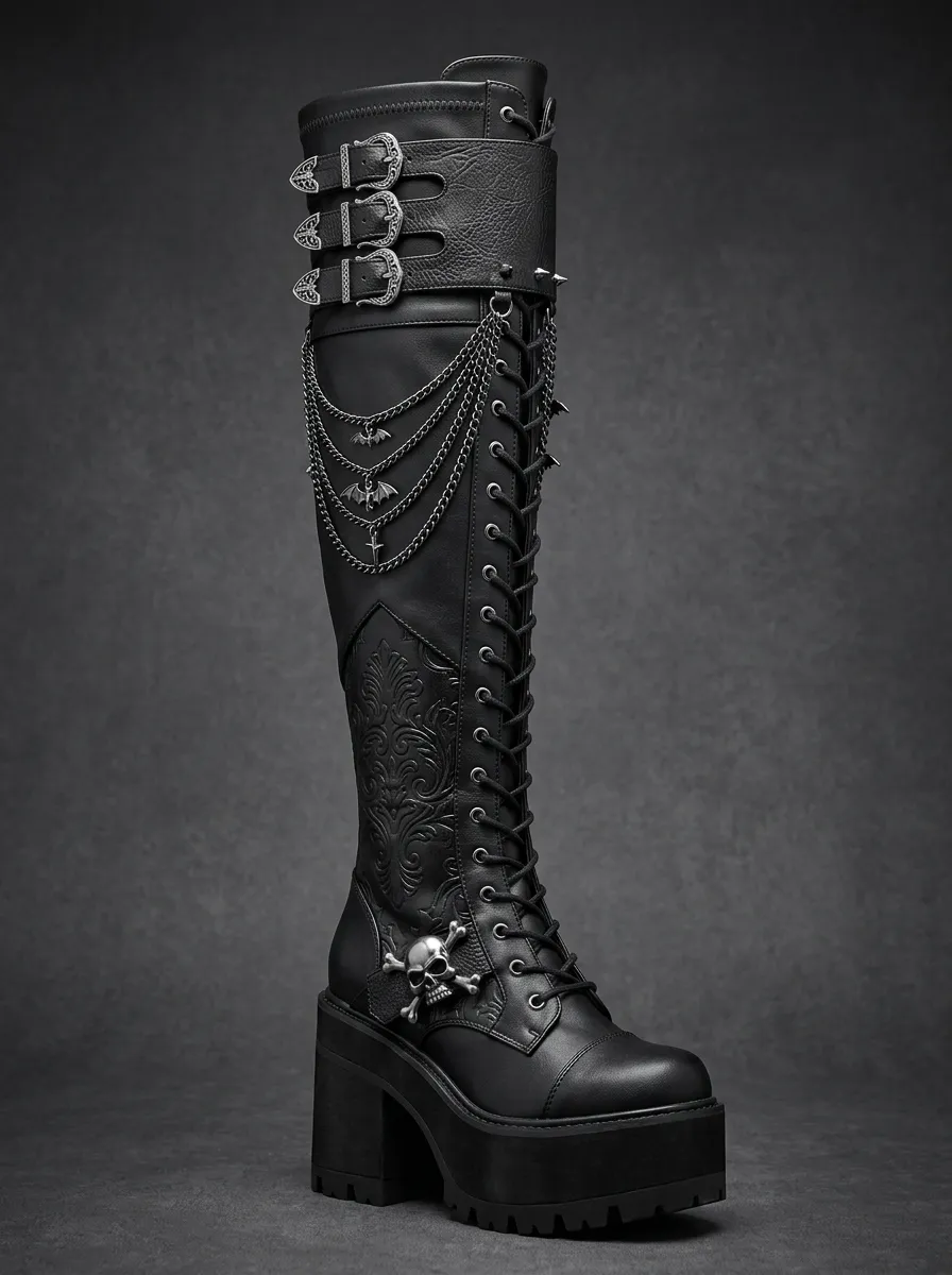 Heritage Skull Bat Chain Look Women's Gothic Platform Knee High Boots