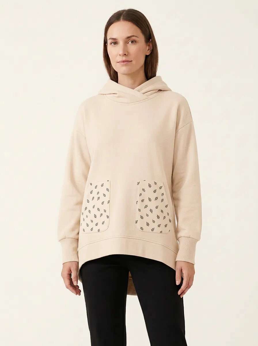 Women's Leaf-Pattern Patch-Pocket Crossover-Neck High-Low Hoodie
