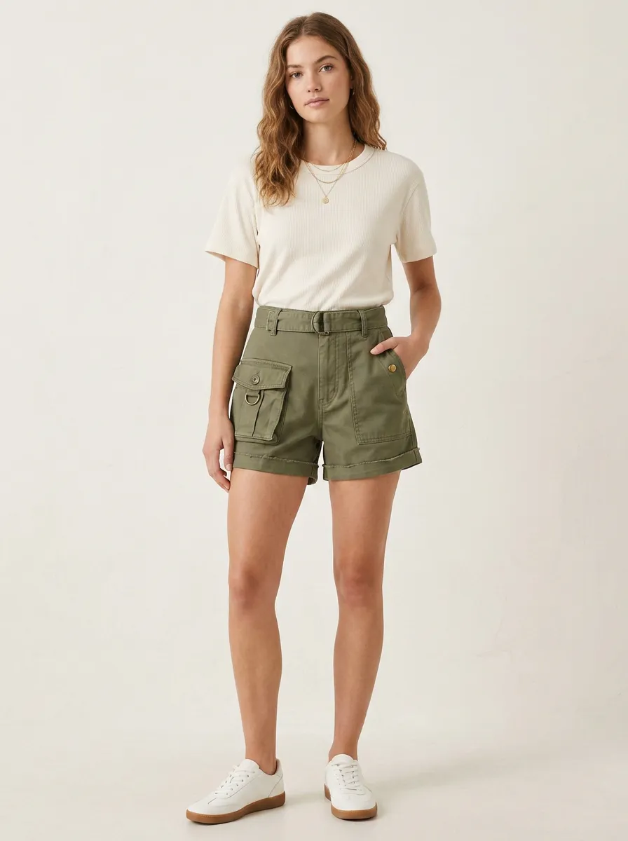 Women's Casual Utility Olive Green Belted Cargo Shorts
