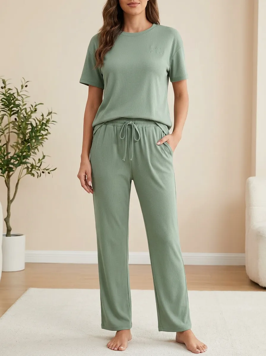 Slow Moment Embroidered Ribbed Lounge Set