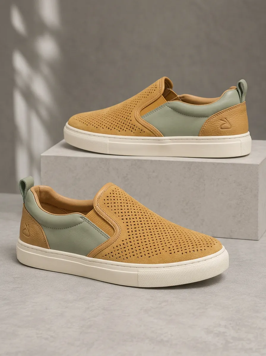 Men's Casual Perforated Tan Green Slip-on Sneakers