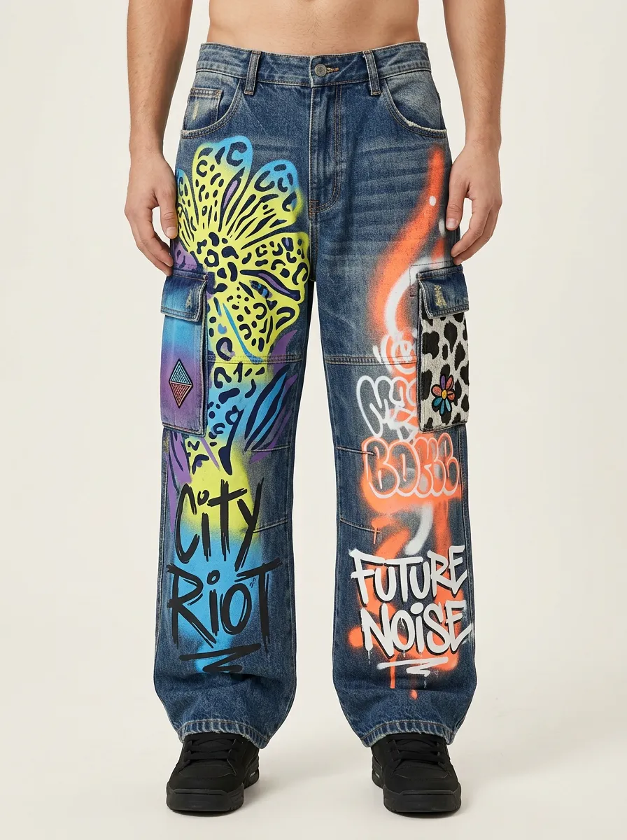 Men's Streetwear Graffiti Flower City Riot Graphic Cargo Jeans