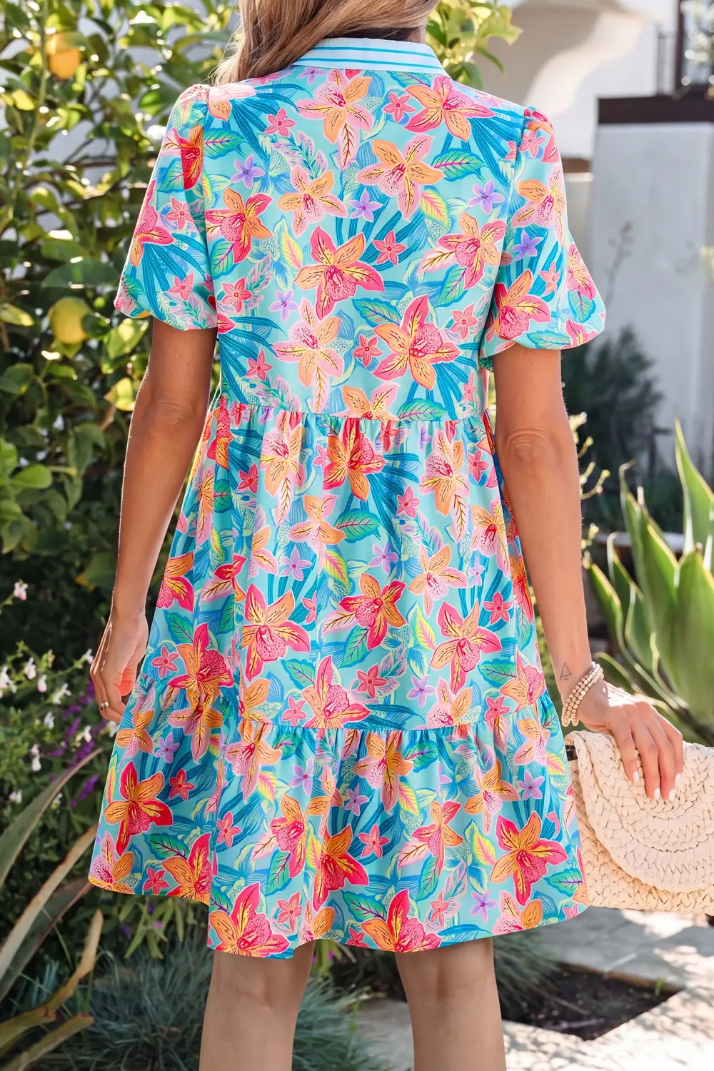 Multicolour Floral Print Contrast Scallop Striped Trim V Neck Dress