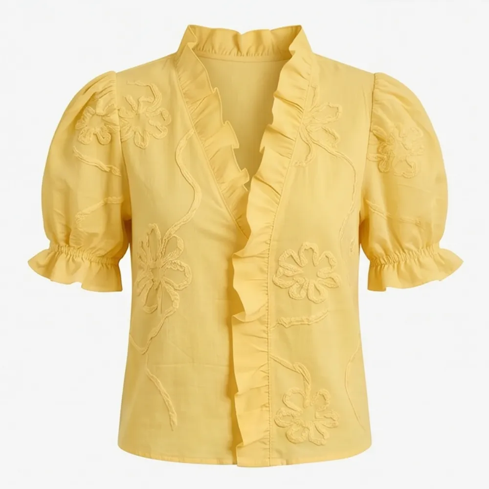 Ruffled V Neck Puff Sleeve Blouse