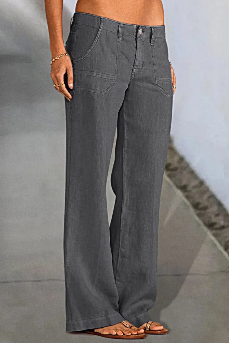Solid Slant Pocket Low Waist Flare Pants Without Belt