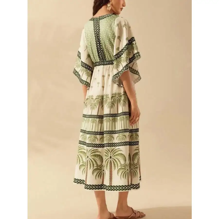 Palm Print V-neck Midi Dress