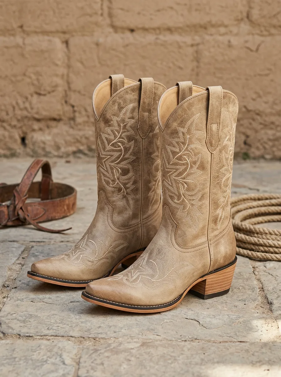 Unisex Artisan Western Cowboy Star Embroidered Printed Boots