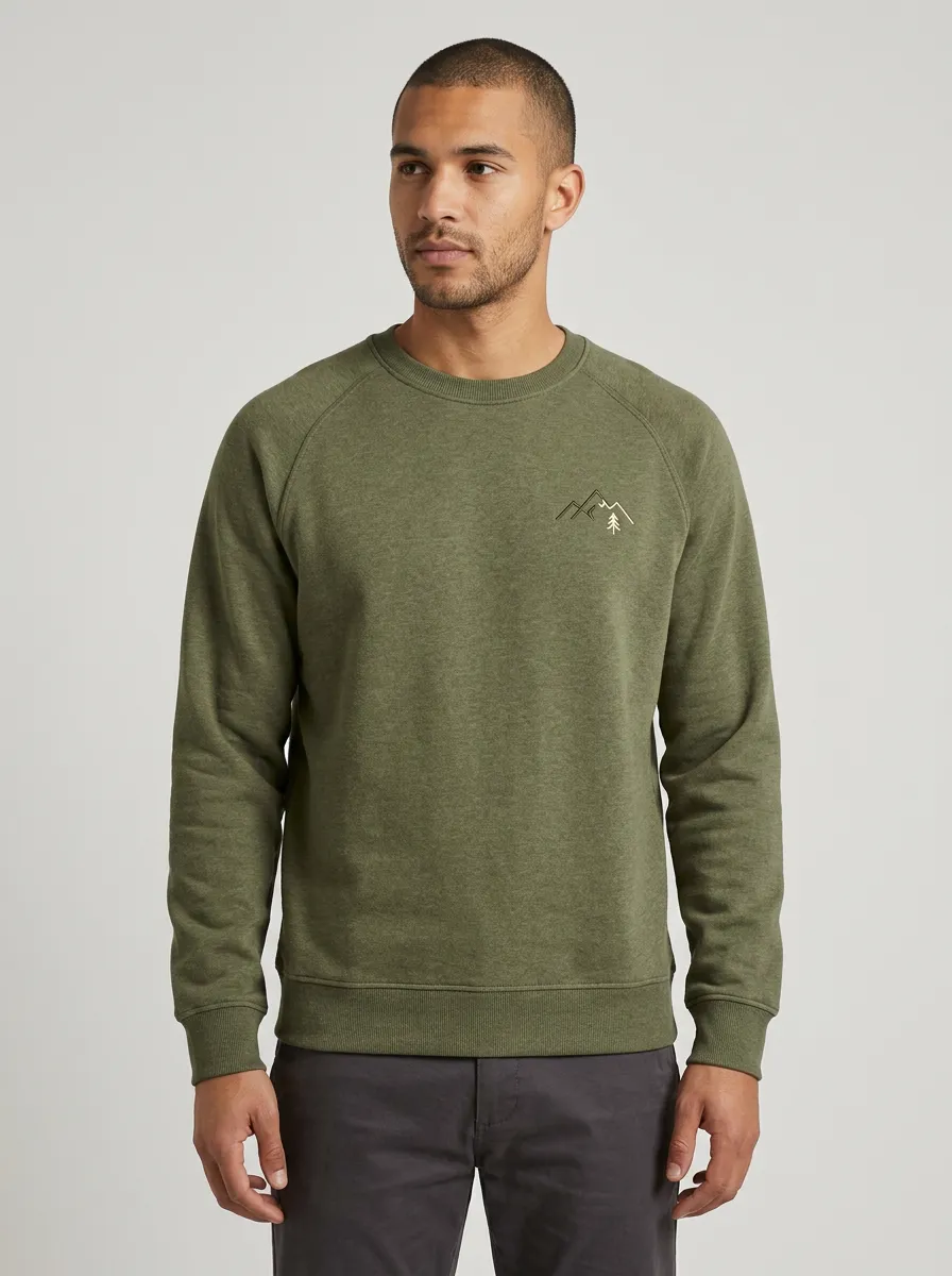 Men's Olive Green Embroidered Mountain Graphic Crewneck Sweatshirt