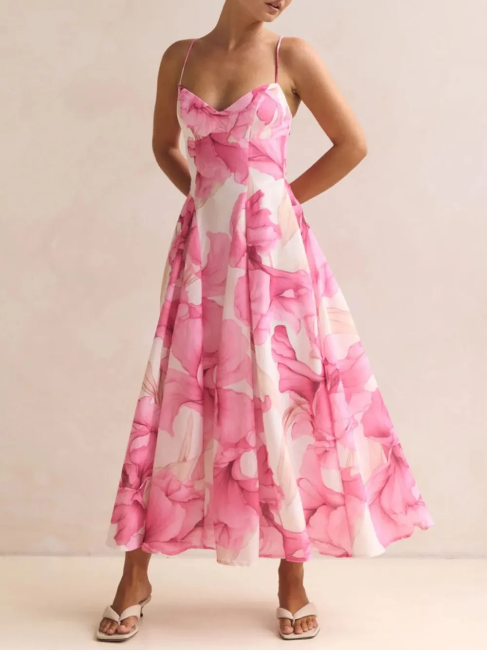 Simple Print Spaghetti Strap Midi Dress