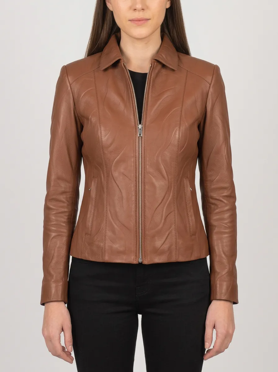 Leather-Look Wavy Texture Zip-Up Jacket