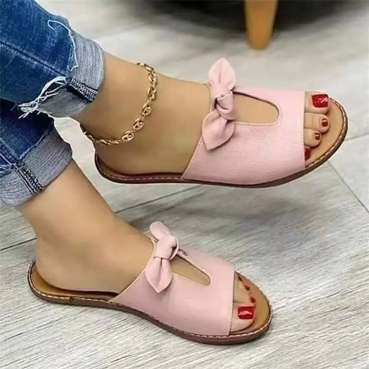 Bow Detail Flat Sole Slide Sandals