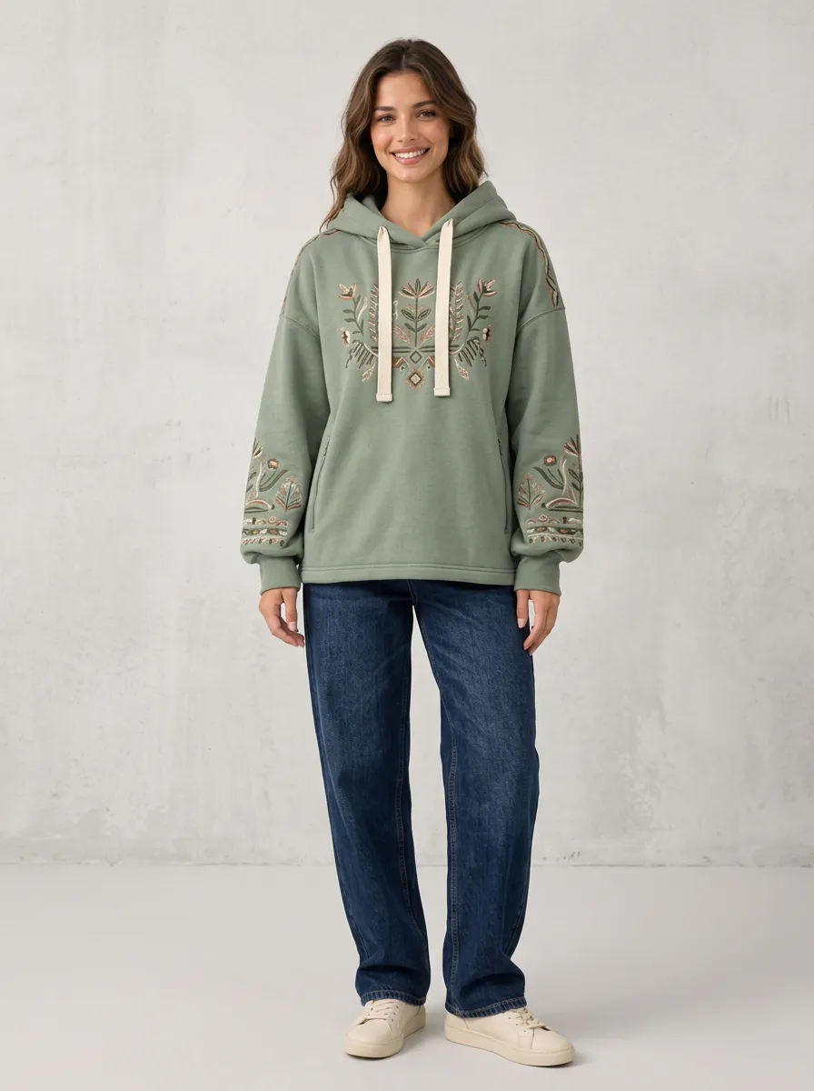 Women's Floral Boho Embroidered Graphic Nature Inspired Garden Inspired Hoodie