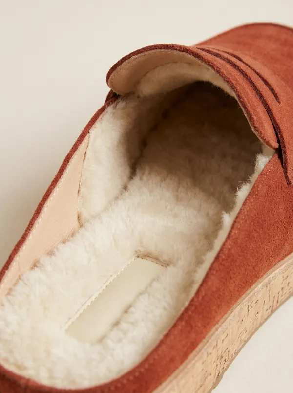 Women's Rugged Faux Fur Lined Clog Style Casual Suede Wood Sole Loafers