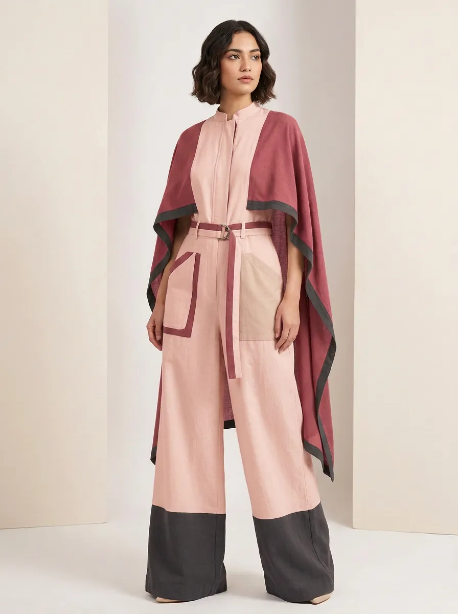 Women's Minimalist Olive Green Beige Colorblock Cape Jumpsuit