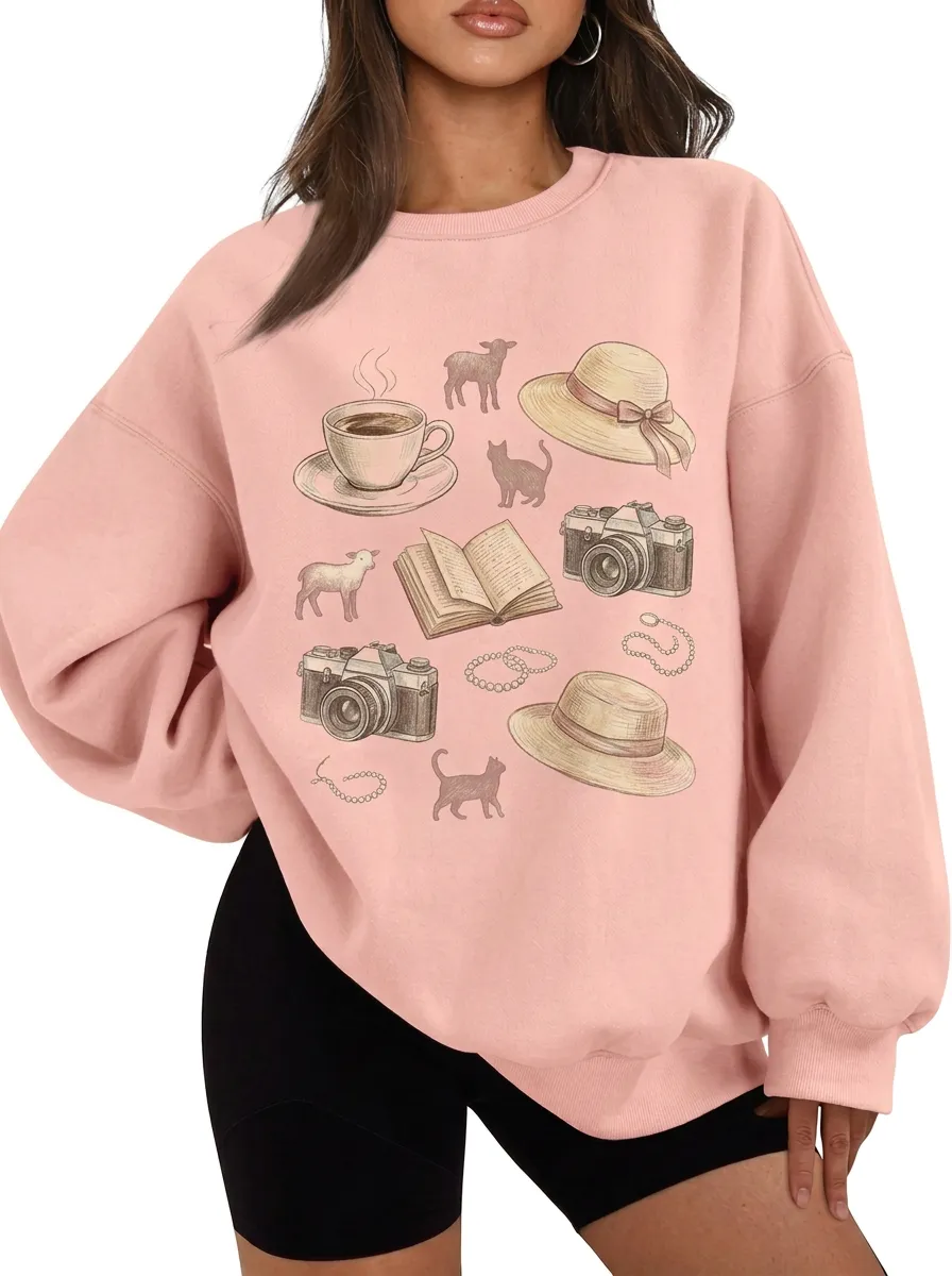 Women's Hobby Coffee Camera Book Cat Graphic Sweatshirt