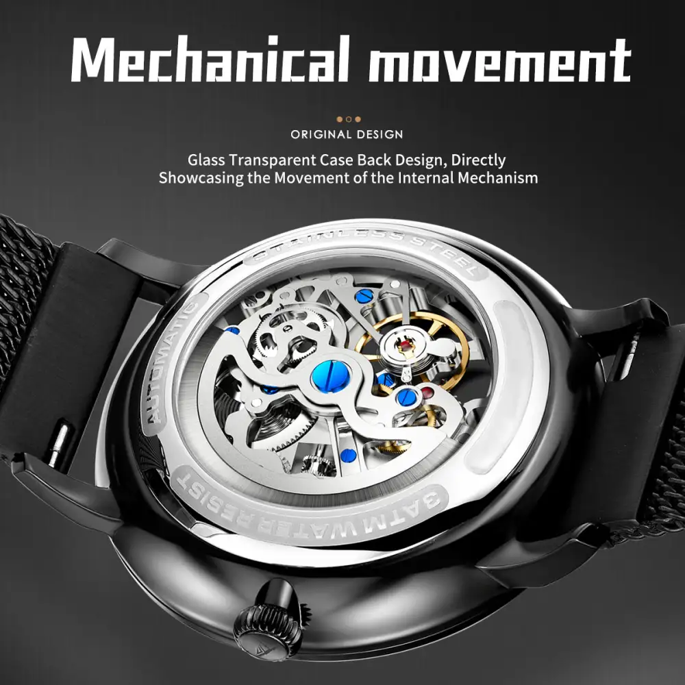 Sollen SL317 Men's Skeleton Dragon Automatic Mechanical Watch - 42mm Stainless Steel Case Slim 9.9mm Open Heart Mesh Bracelet Wristwatch