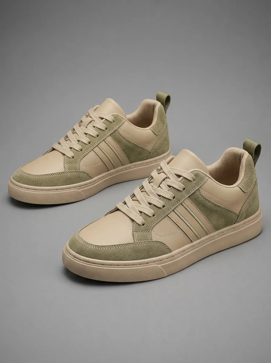 Men's Casual Olive Suede Beige Leather Paneled Sneakers