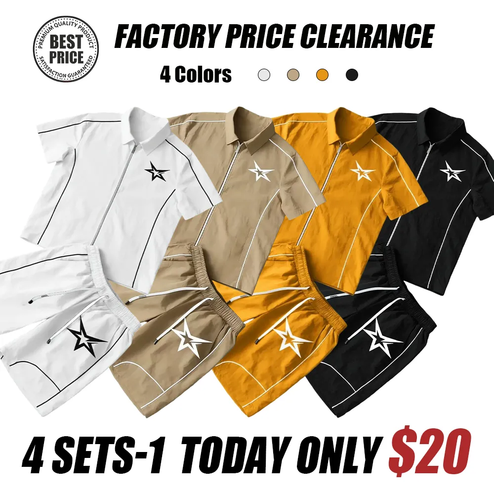 Stars Pattern Casual Set Short Sleeve Zipper Shirt + Gym Shorts Two-Piece Set, Breathable Comfort Spring Summer Daily Wear