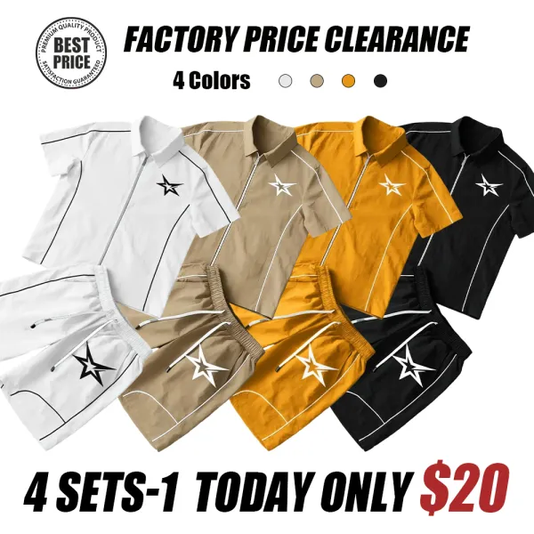 Stars Pattern Casual Set Short Sleeve Zipper Shirt + Gym Shorts Two-Piece Set, Breathable Comfort Spring Summer Daily Wear