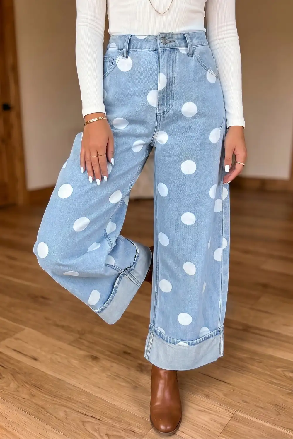 Women's Casual Ankle Length Jeans With Polka Dot Print And Metal Buttons