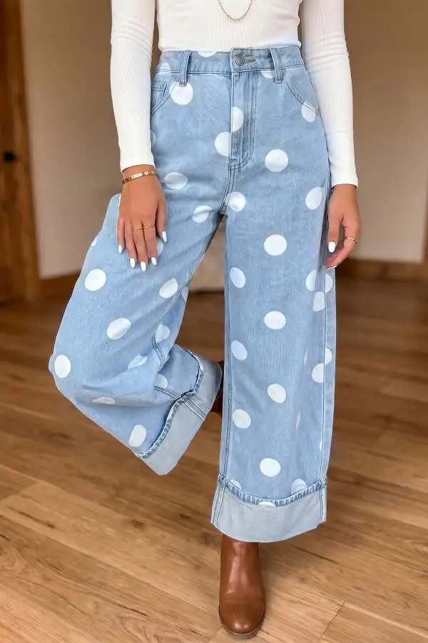 Women's Casual Ankle Length Jeans With Polka Dot Print And Metal Buttons