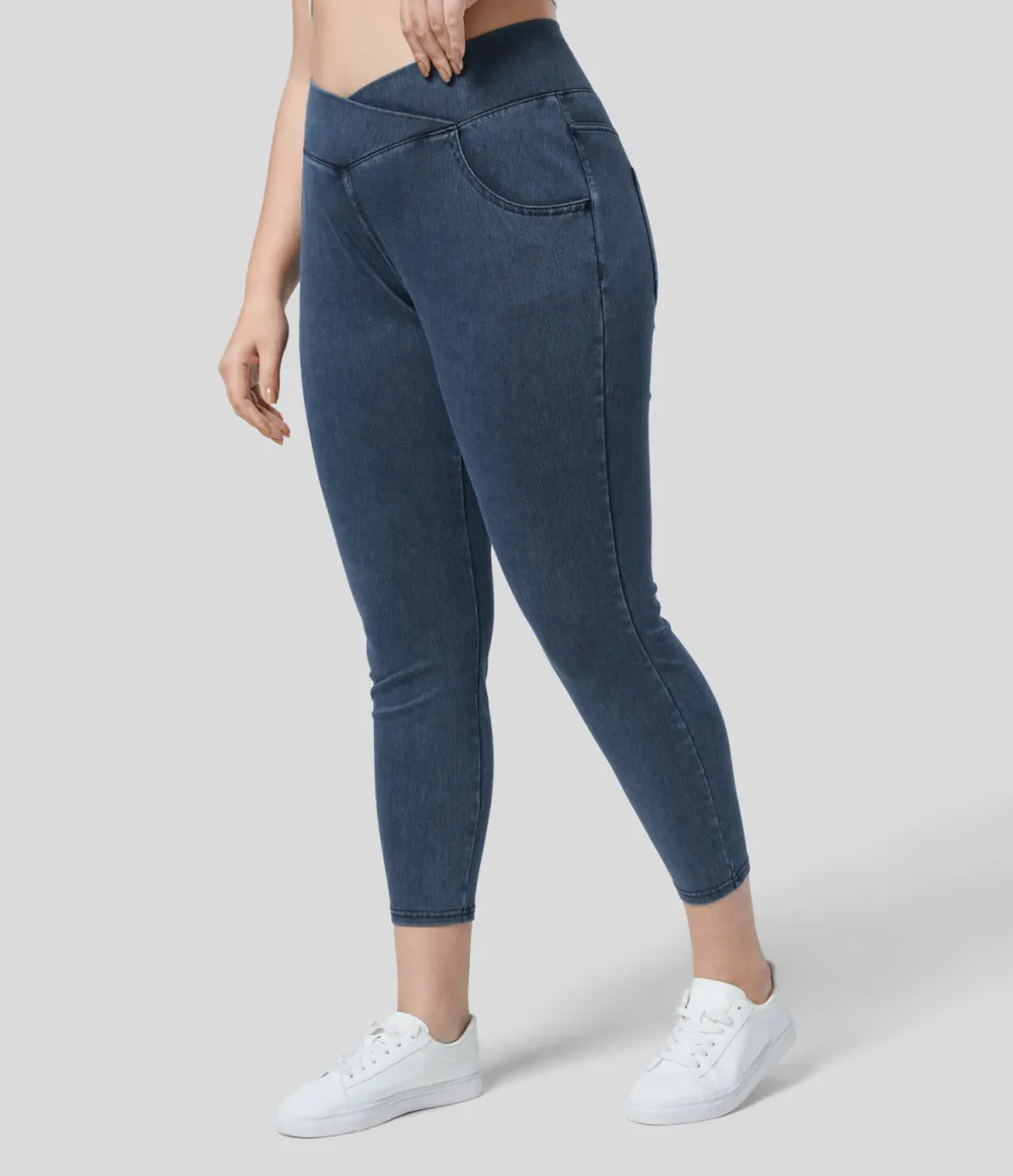Magic High Waisted Crossover Multiple Pockets Stretchy Knit Denim 7/8 Plus Size Work Leggings