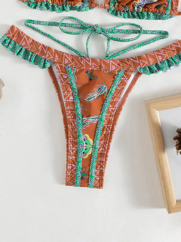 Ethnic Print Halter Neck Tie Bikini Swim Set