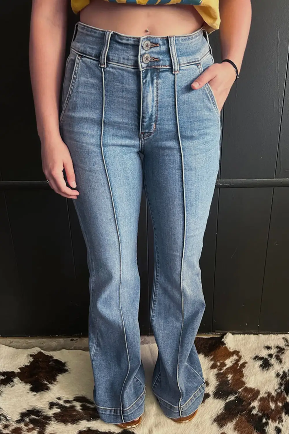 Women's Two Button High Waist Piping Trim Bootcut Jeans