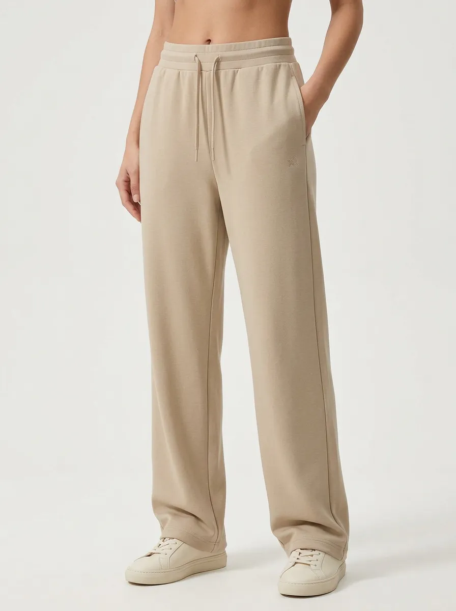 Women's Minimalist Beige Solid Color Drawstring Lounge Pants