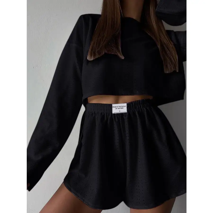 Relaxed Eyelet Round Neck Top and Shorts Set