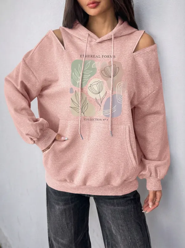 Women's Aesthetic Floral Abstract Art Printed Cold Shoulder Hoodie