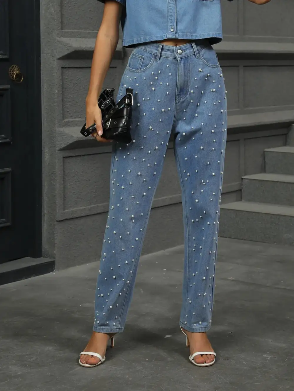 Pearl Detail Pocket Denim Jeans
