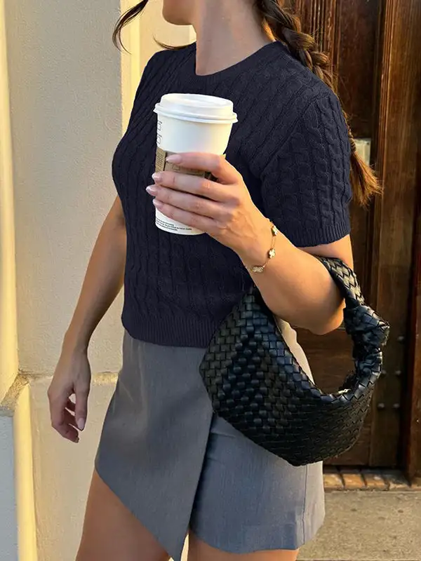 Paneled Round Neck Short Sleeve Pullover Sweater