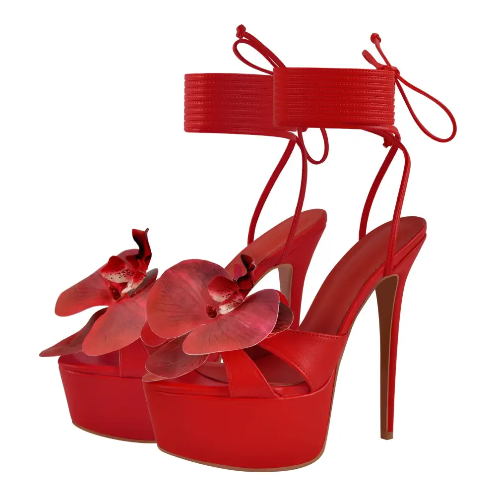 Round Toe Flower Platform Lace Up Stiletto Sandals