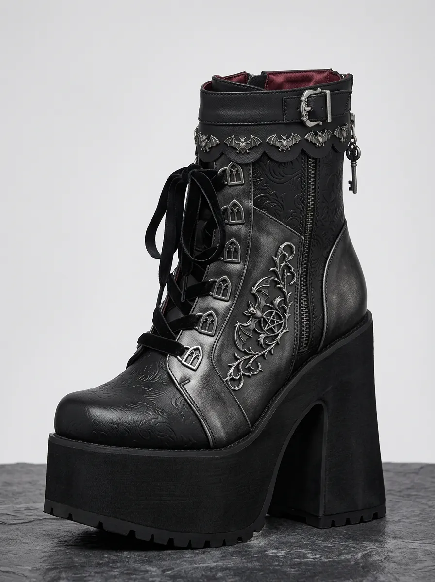 Witchy Pentagram Bat Embossed Style Women's Gothic Platform Boots