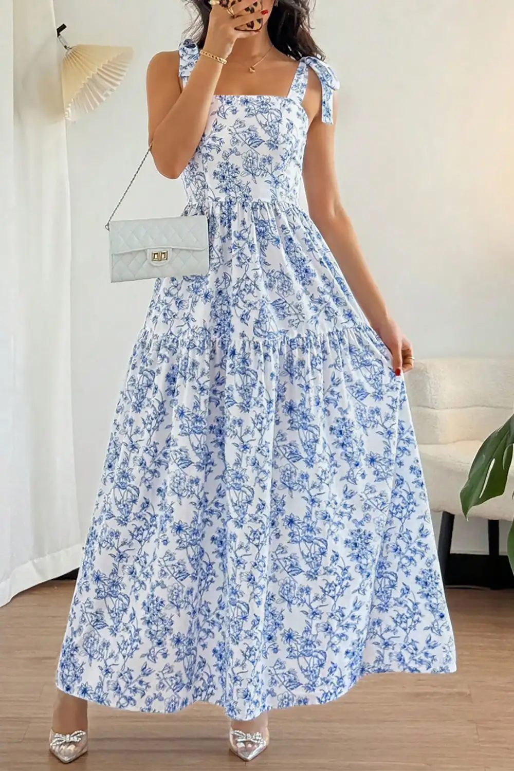 Sky Floral Print Knot Straps High Waist Flared Maxi
