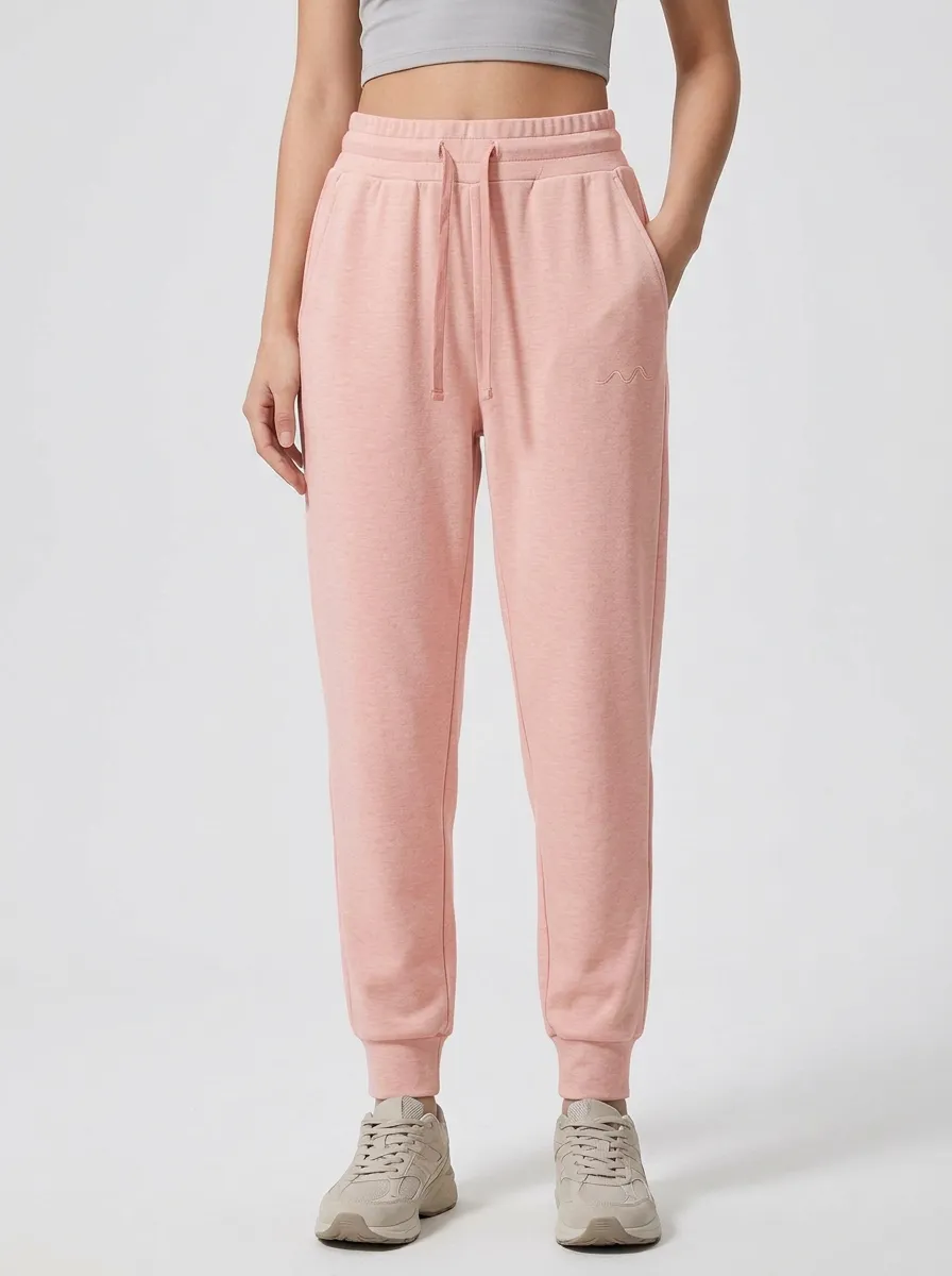 Women's Minimalist Beige Solid Color Embroidered Jogger Pants