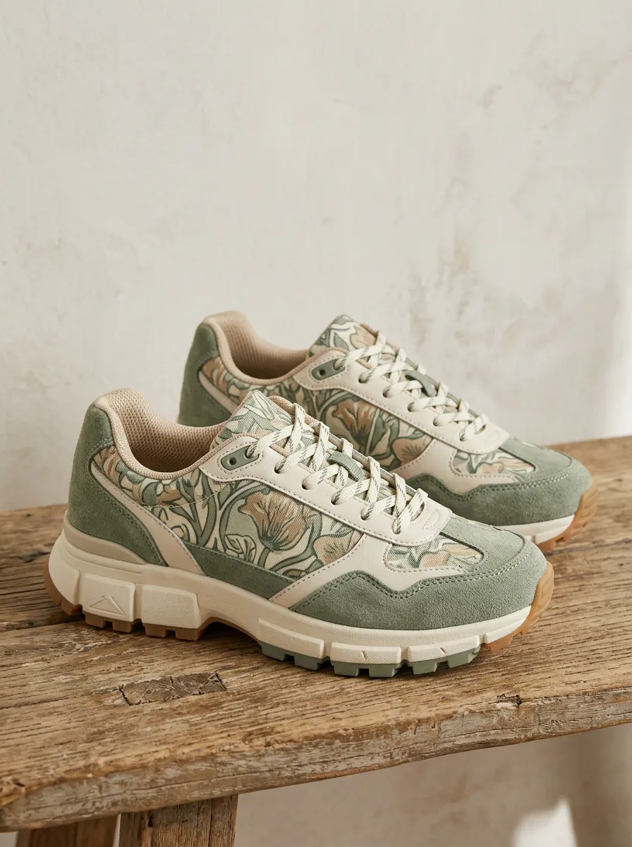 Women's Botanical Floral Art Sage Green Printed Sneakers