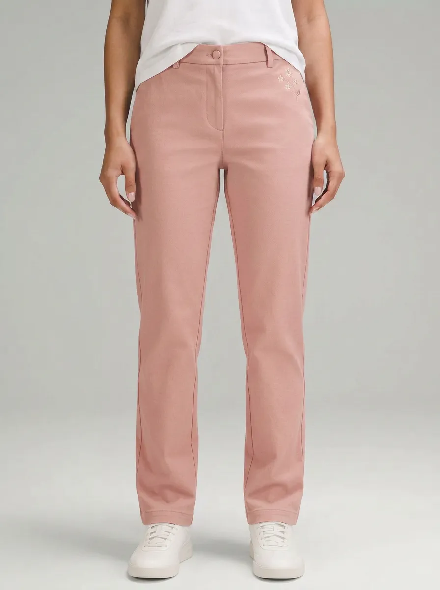 Women's Classic Comfort Small Flower Printed Mid Rise Straight Leg Pants