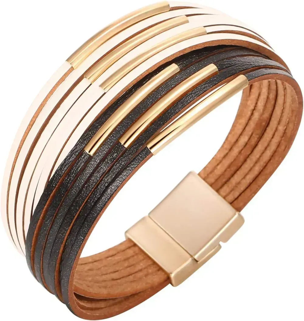 Fesciory Leather Wrap Bracelets for Women, Boho Leopard Multi-Layer Crystal Beads Cuff Bracelet Jewelry