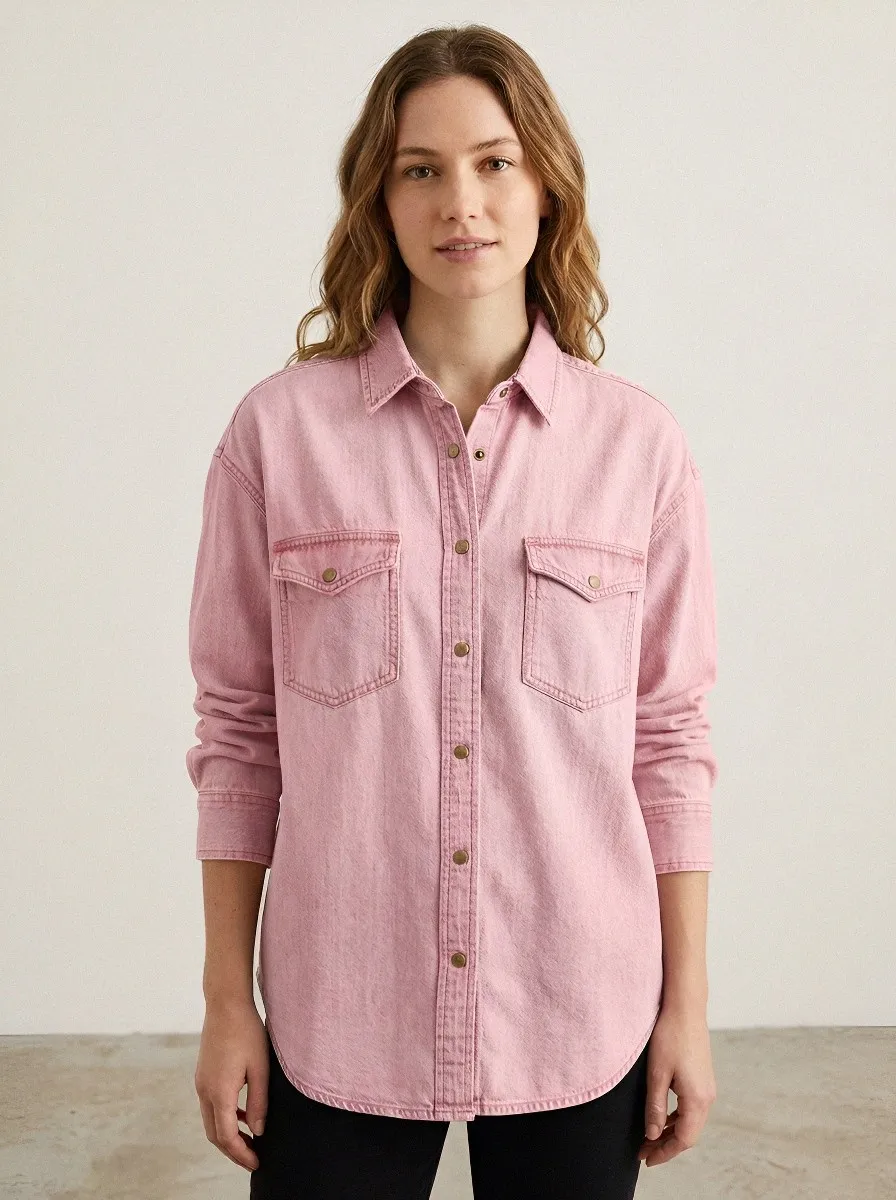 Women's Casual Style Light Wash Denim Button-Down Shirt