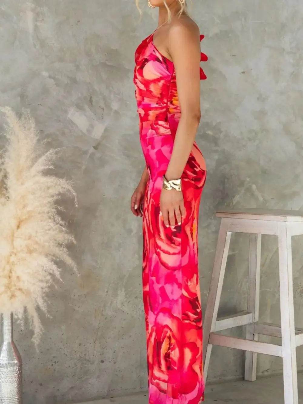 Gathered Detail Floral Printed Maxi Dress