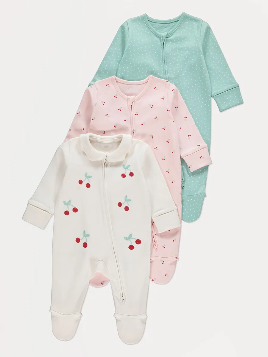 Cherry Embroidery Zip Fasten Sleepsuits 3 Pack