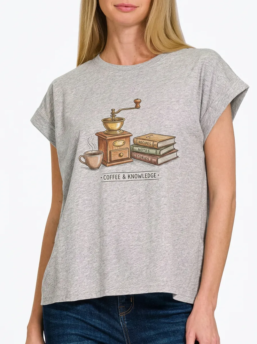 Women's Coffee Book Lover Coffee Grinder Books Printed T-shirt
