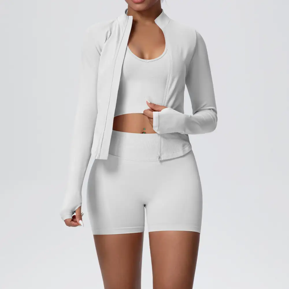 Long-Sleeve High-Waist Jacket, Bra and Vest Active Set