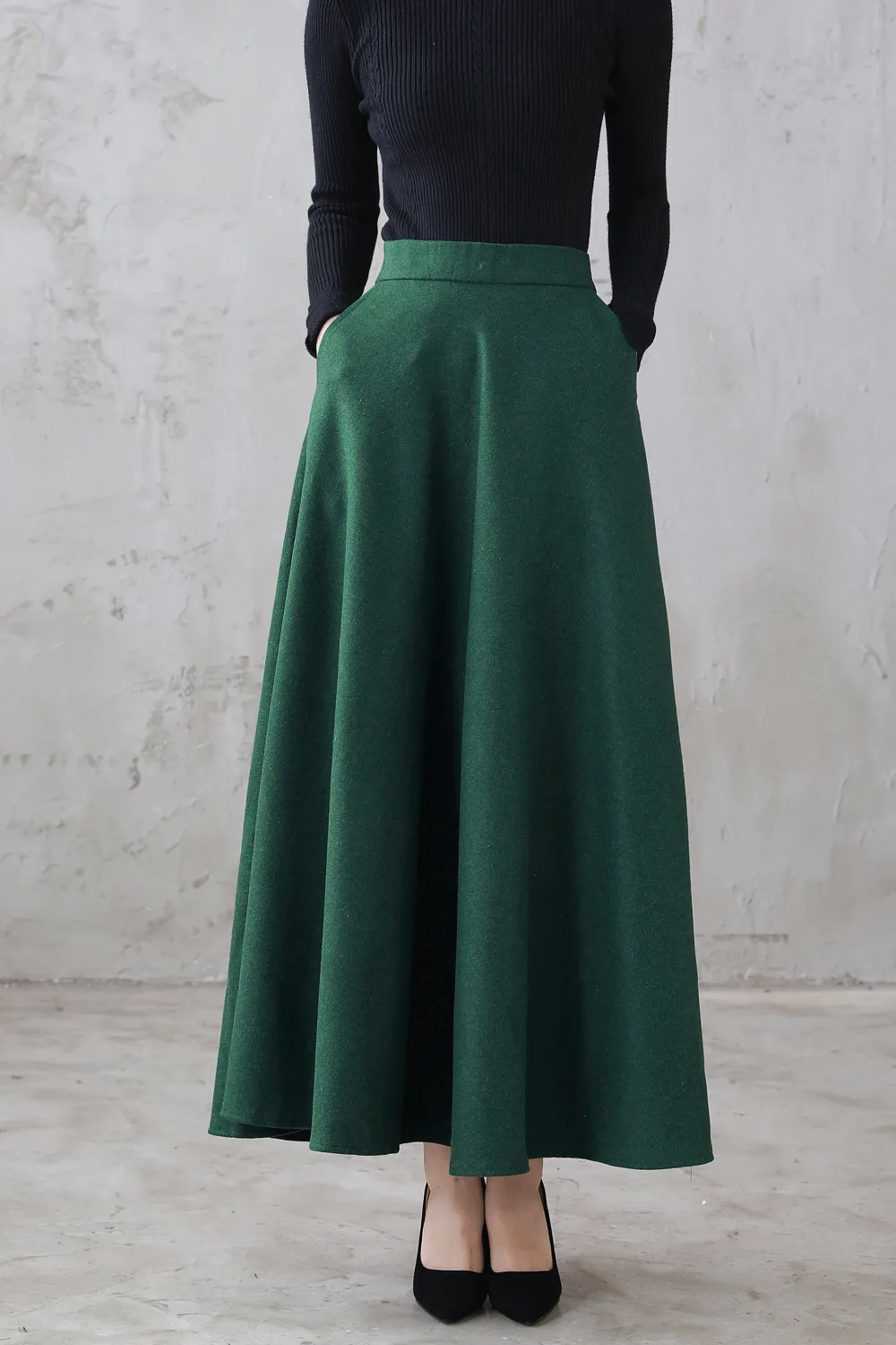 Checkered Wool Blend A Line Flared High Waist Maxi Skirt