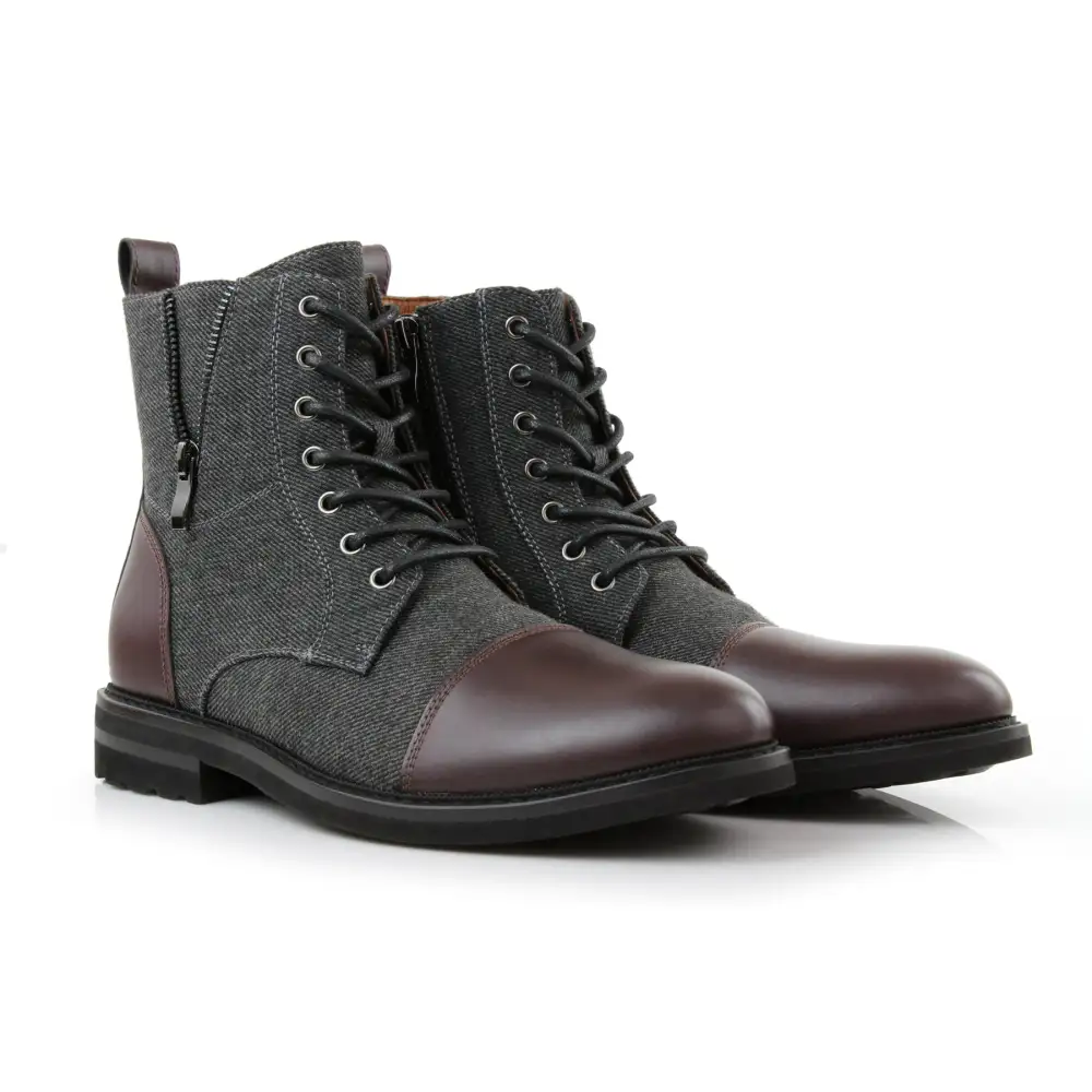Faux-Leather Lace-Up Zip-Up Ankle Boots