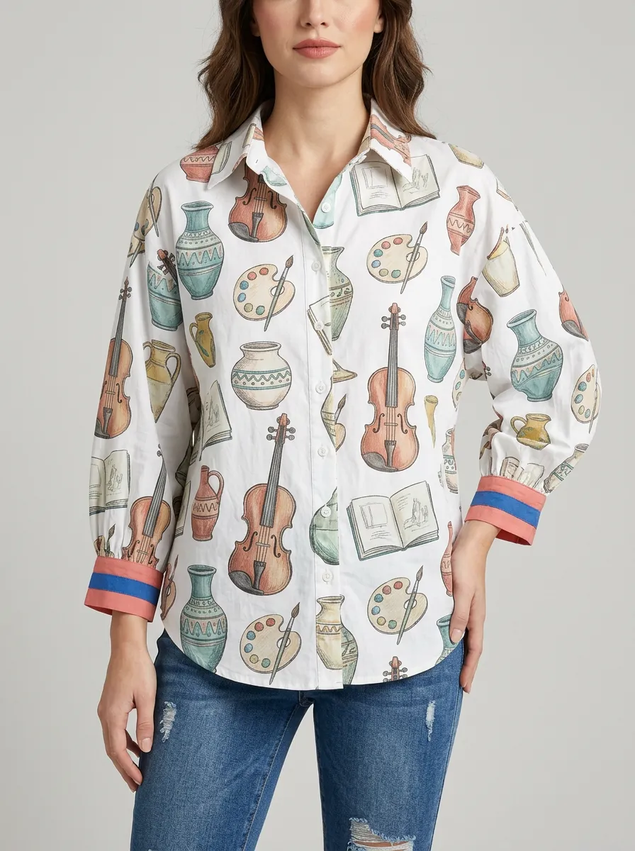 Women's Art Music Lover Violin Pottery Palette Printed Shirt