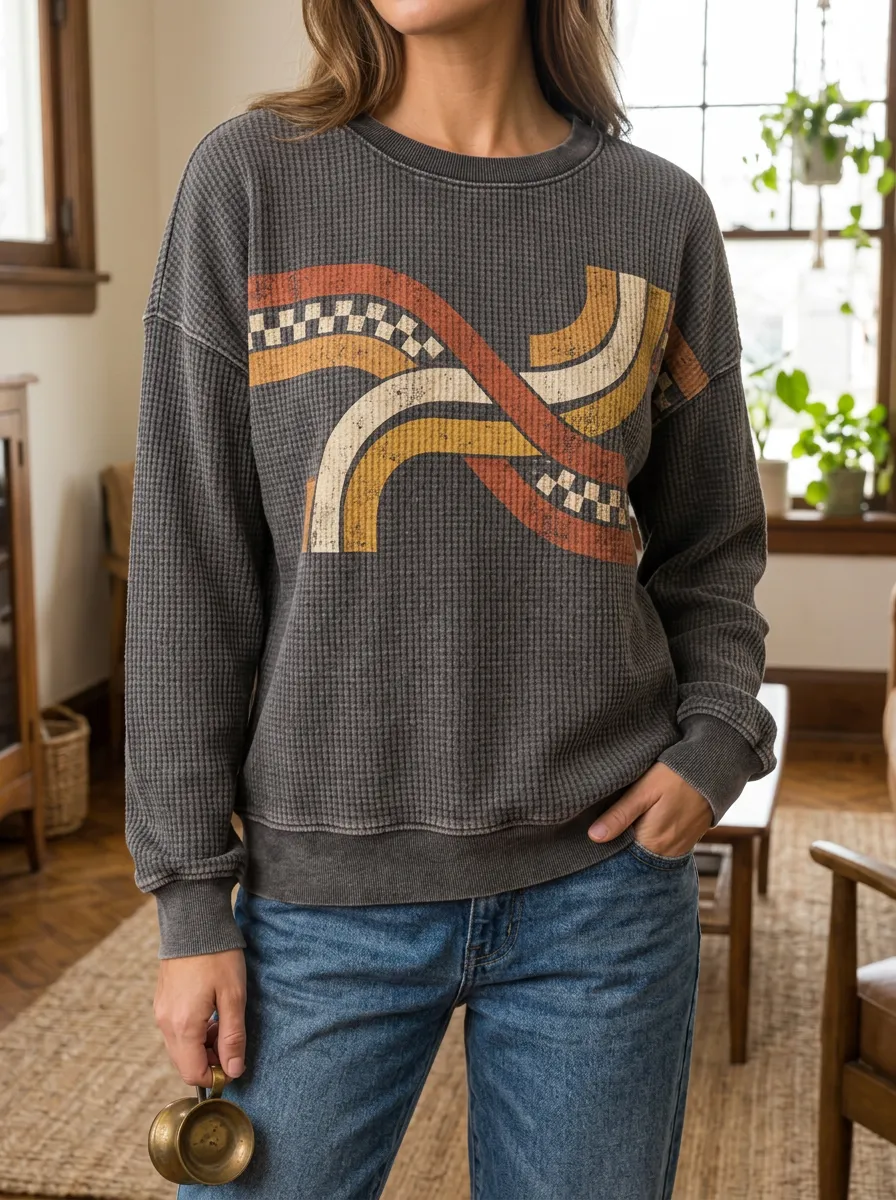 Women's Retro Checkered Rainbow Printed Waffle Knit Sweatshirt