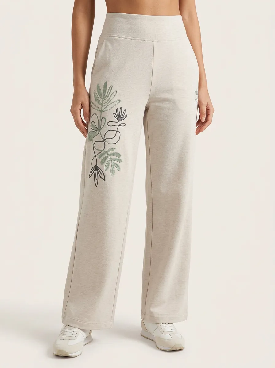 Women's Botanical Line Art Beige Graphic Wide Leg Pants